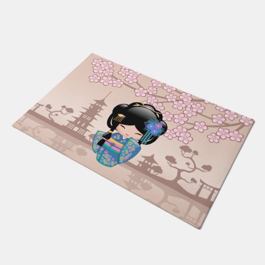 Keiko Kokeshi Doll - Blue Kimono Geisha Girl Deurmat (Schuin)