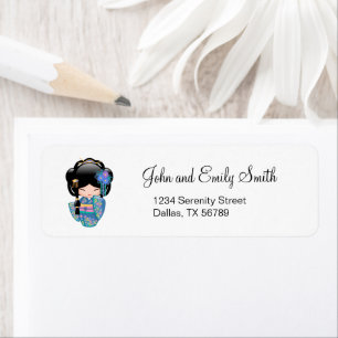 Keiko Kokeshi Doll - Blue Kimono Geisha Girl Etiket