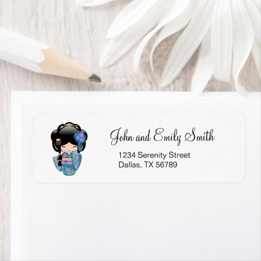 Keiko Kokeshi Doll - Blue Kimono Geisha Girl Etiket (Insitu)