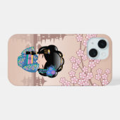 Keiko Kokeshi Doll - Blue Kimono Geisha Girl iPhone 15 Case (Achterkant horizontaal)