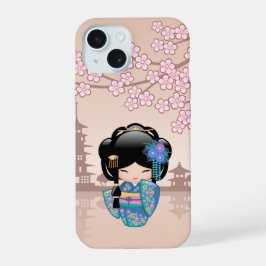 Keiko Kokeshi Doll - Blue Kimono Geisha Girl iPhone 15 Case
