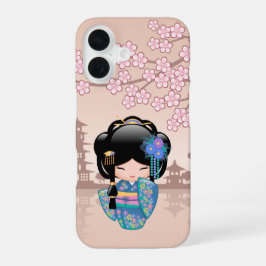 Keiko Kokeshi Doll - Blue Kimono Geisha Girl iPhone 16 Hoesje