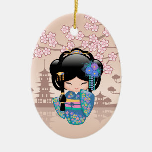 Keiko Kokeshi Doll - Blue Kimono Geisha Girl Keramisch Ornament