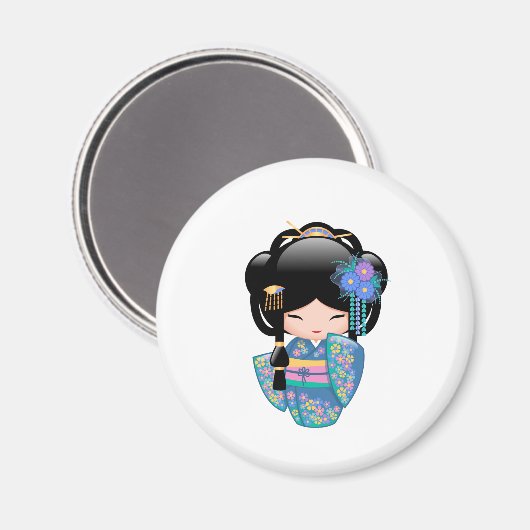 Keiko Kokeshi Doll - Blue Kimono Geisha Girl Magneet (Voorkant / Achterkant)