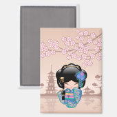 Keiko Kokeshi Doll - Blue Kimono Geisha Girl Magneet (Voorkant / Achterkant)