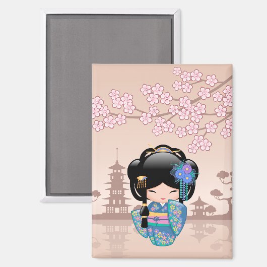Keiko Kokeshi Doll - Blue Kimono Geisha Girl Magneet (Voorkant / Achterkant)