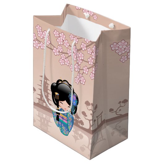 Keiko Kokeshi Doll - Blue Kimono Geisha Girl Medium Cadeauzakje (Voorkant Gekanteld)