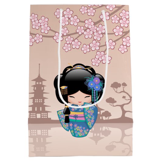 Keiko Kokeshi Doll - Blue Kimono Geisha Girl Medium Cadeauzakje (Achterkant)