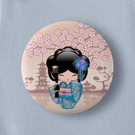 Keiko Kokeshi Doll - Blue Kimono Geisha Girl Ronde Button 5,7 Cm