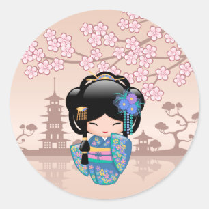 Keiko Kokeshi Doll - Blue Kimono Geisha Girl Ronde Sticker
