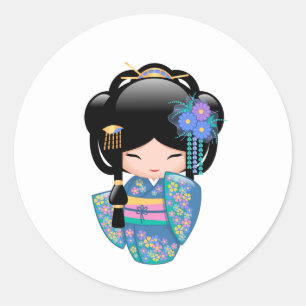 Keiko Kokeshi Doll - Blue Kimono Geisha Girl Ronde Sticker