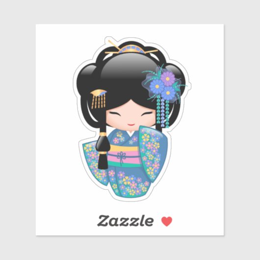 Keiko Kokeshi Doll - Blue Kimono Geisha Girl Sticker (Vel)