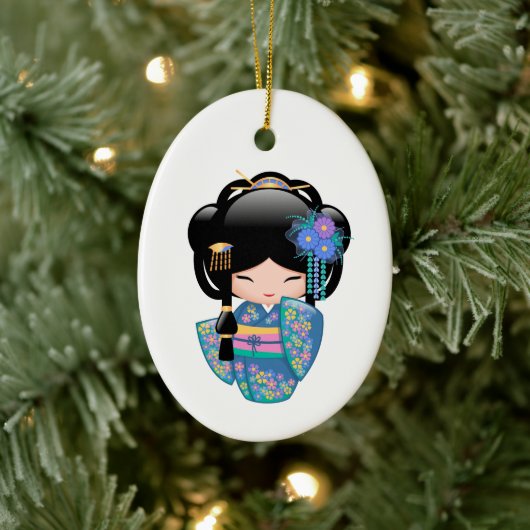 Keiko Kokeshi Doll - Blue Kimono Geisha Keramisch Ornament (Boom)