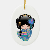 Keiko Kokeshi Doll - Blue Kimono Geisha Keramisch Ornament (Voorkant)