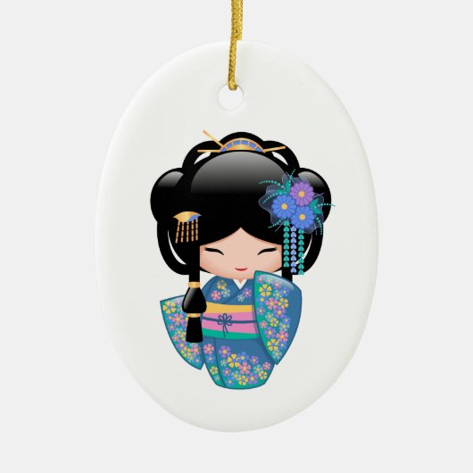 Keiko Kokeshi Doll - Blue Kimono Geisha Keramisch Ornament (Voorkant)