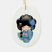 Keiko Kokeshi Doll - Blue Kimono Geisha Keramisch Ornament (Achterkant)