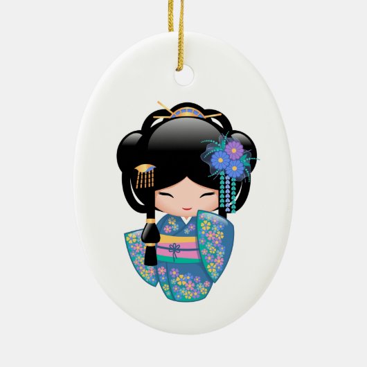 Keiko Kokeshi Doll - Blue Kimono Geisha Keramisch Ornament (Achterkant)