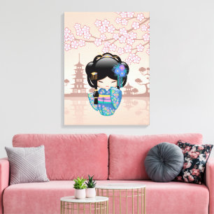 Keiko Kokeshi-pop - Blauwe Kimono Geisha Meisje Canvas Afdruk