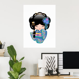 Keiko Kokeshi-pop - Blauwe Kimono Geisha-meisje Poster