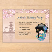 Keiko Kokeshi Transparant Venster Verjaardag Beige Acryl Uitnodigingen (Voorkant)