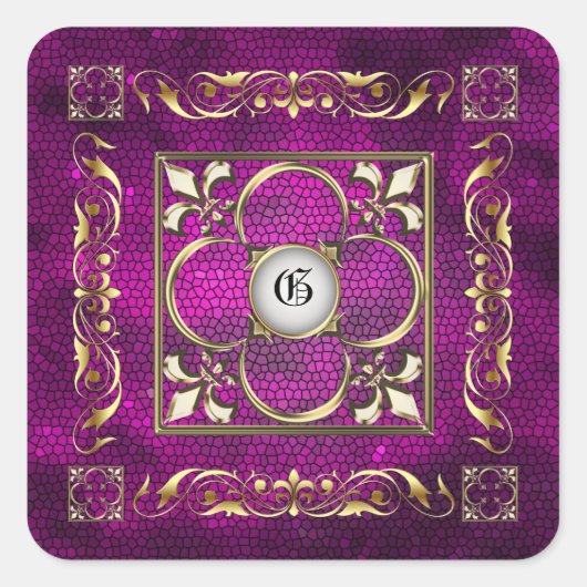 Keizer Roze Vierkant Monogram Sticker (Voorkant)