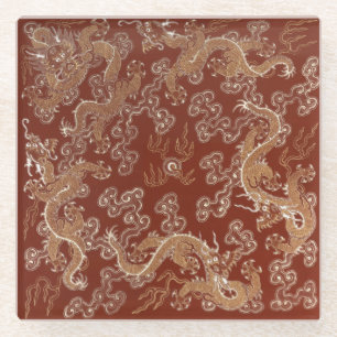 Keizerlijke Rood & Goud Draak Zijde Kunst Glazen Onderzetter