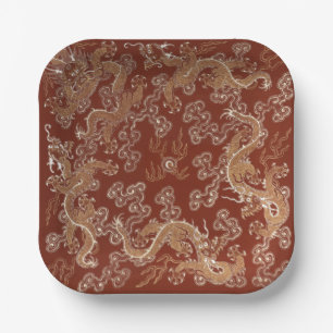 Keizerlijke Rood & Goud Draak Zijde Kunst Papieren Bordje