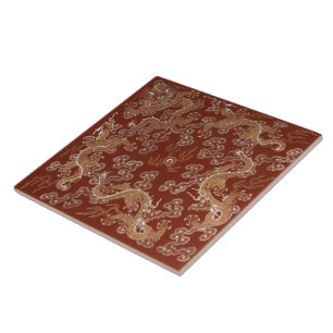 Keizerlijke Rood & Goud Draak Zijde Kunst Tegeltje