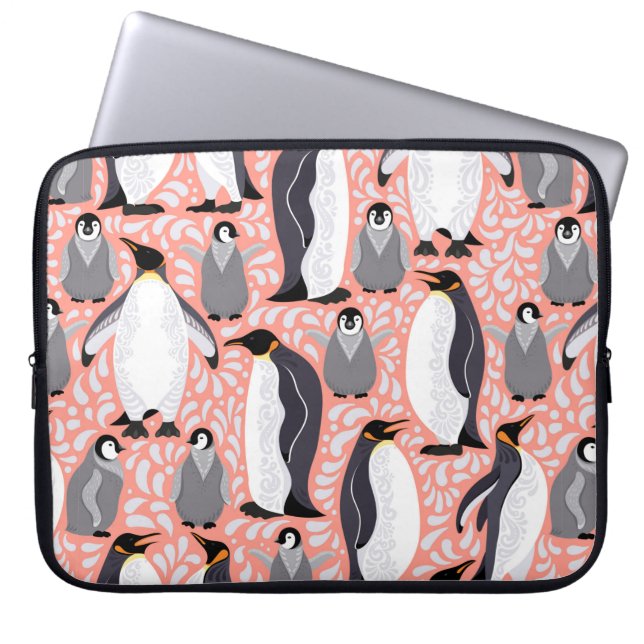 keizerpinguïns en hun cubussen op een roze patroon laptop sleeve (Voorkant)