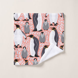 keizerpinguïns en hun cubussen op een roze patroon washandje
