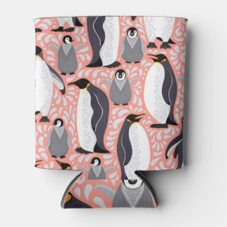 Keizerpinguïns, welpen, roze decoratief patroon. blikjeskoeler