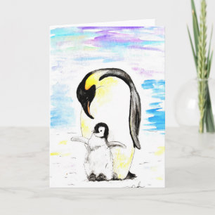 Keizerspinguïn en Kuiken Aquarel Schilderij Kaart
