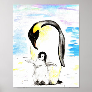 Keizerspinguïn en Kuiken Aquarel Schilderij Poster