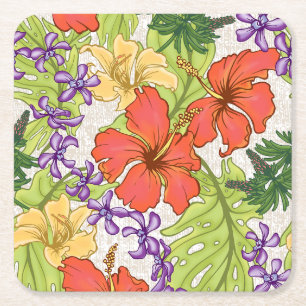 Keleah Tropische Hawaiiaanse Hibiscus en Orchideeë Kartonnen Onderzetters