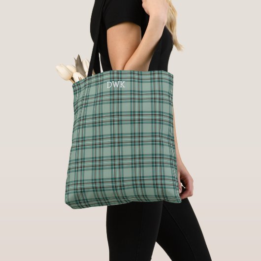 Kelly Clan Tartan Mint Groen Plaid Monogram Tote Bag (Dichtbij)