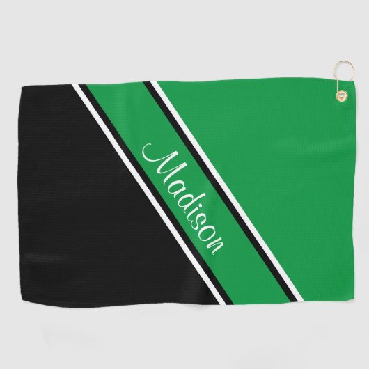 Kelly Green Black Diagonal Stripe Script Name Golfhanddoek (Horizontaal)