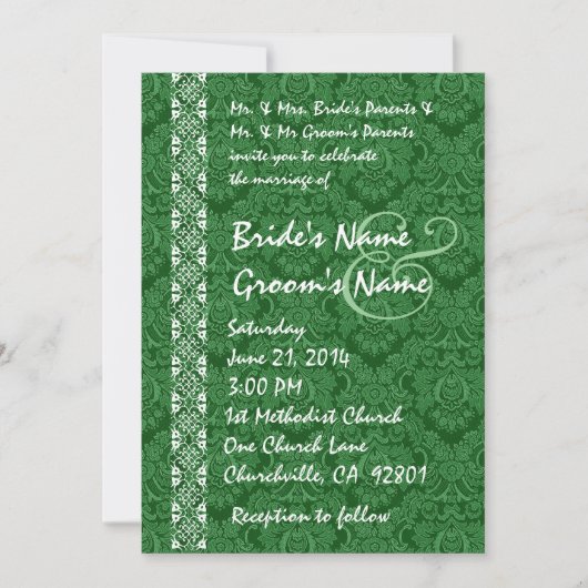 Kelly Green Damask Lace Wedding Invitations Kaart (Voorkant)