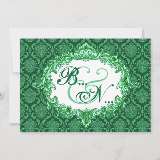 Kelly Green Damask Monogram Wedding Sjabloon Kaart (Voorkant)