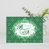 Kelly Green Damask Monogram Wedding Sjabloon Kaart (Staand voorkant)