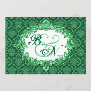 Kelly Green Damask Monogram Wedding Sjabloon Kaart