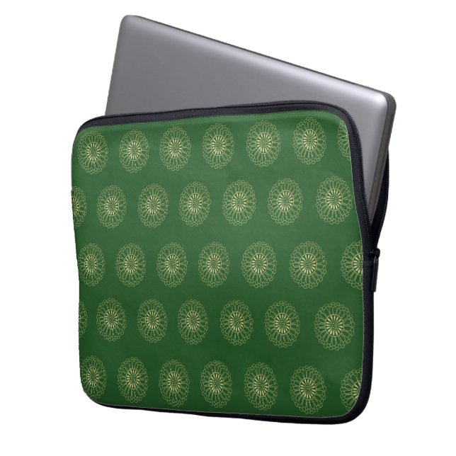 Kelly Green | Golden Zinnia Flower Medallions Laptop Sleeve (Voorkant Links)