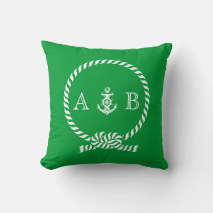 Kelly Green Nautical Rope en Anchor Monogram Kussen