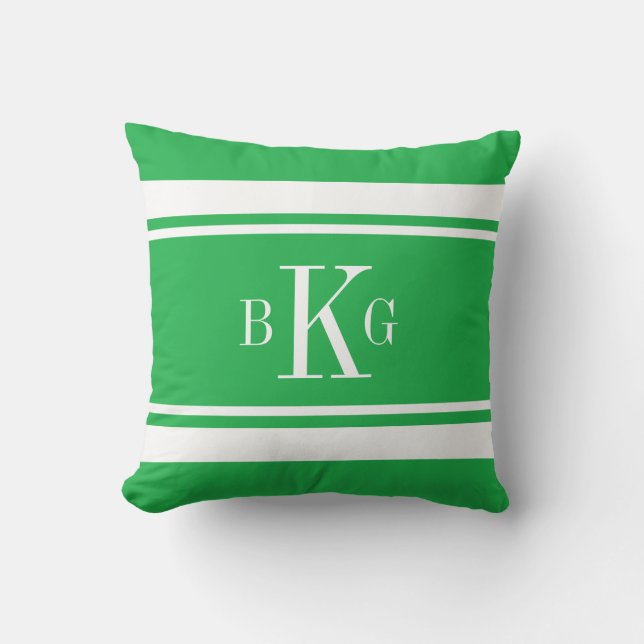 Kelly Green Nautical Stripes Custom Monogram Kussen (Voorkant)