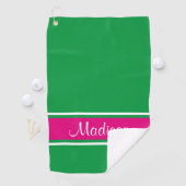 Kelly Green Pink Stripe Script Name Golfhanddoek (Insitu)
