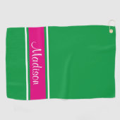 Kelly Green Pink Stripe Script Name Golfhanddoek (Horizontaal)