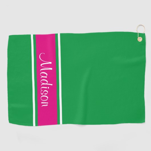 Kelly Green Pink Stripe Script Name Golfhanddoek (Horizontaal)