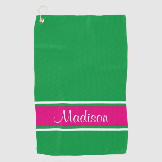 Kelly Green Pink Stripe Script Name Golfhanddoek (Voorkant)