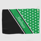 Kelly Green Polka Dot Black Diagonal Script Name Golfhanddoek (Horizontaal)