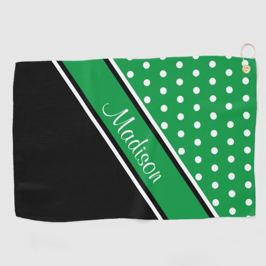 Kelly Green Polka Dot Black Diagonal Script Name Golfhanddoek (Horizontaal)