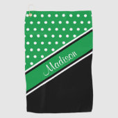Kelly Green Polka Dot Black Diagonal Script Name Golfhanddoek (Voorkant)